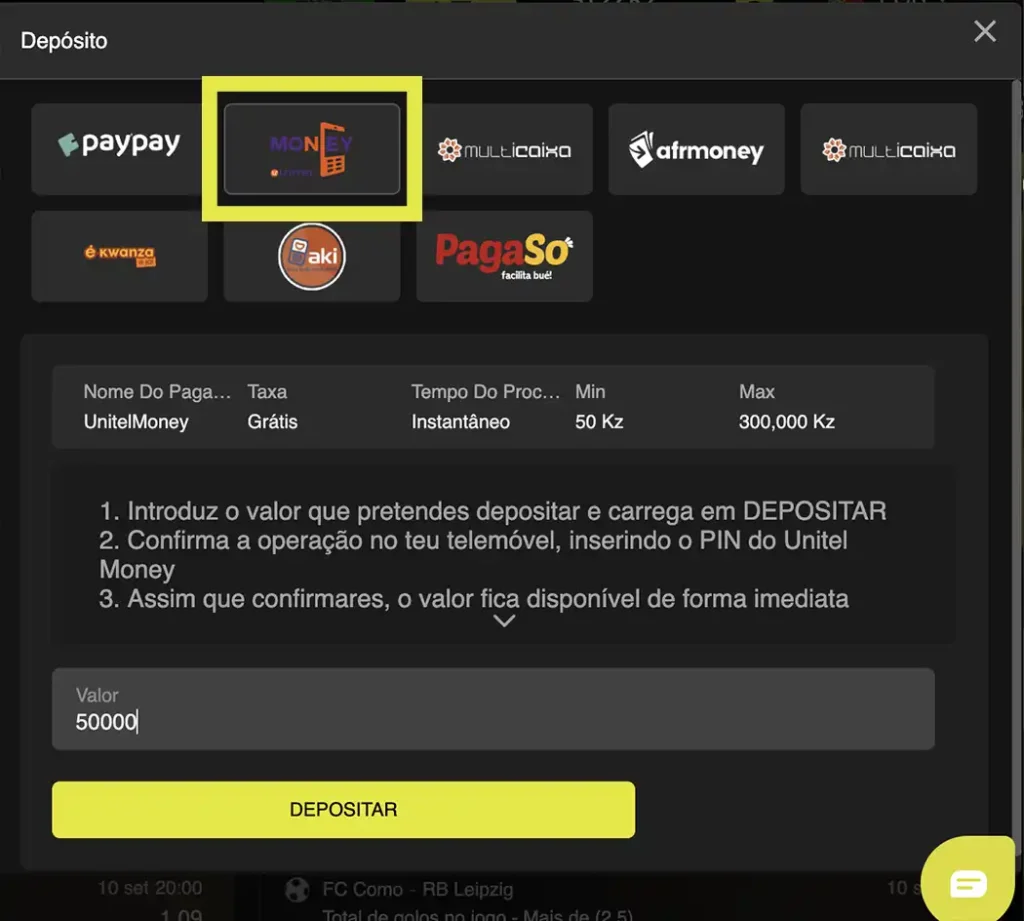 Depositar pelo Unitel maney.
