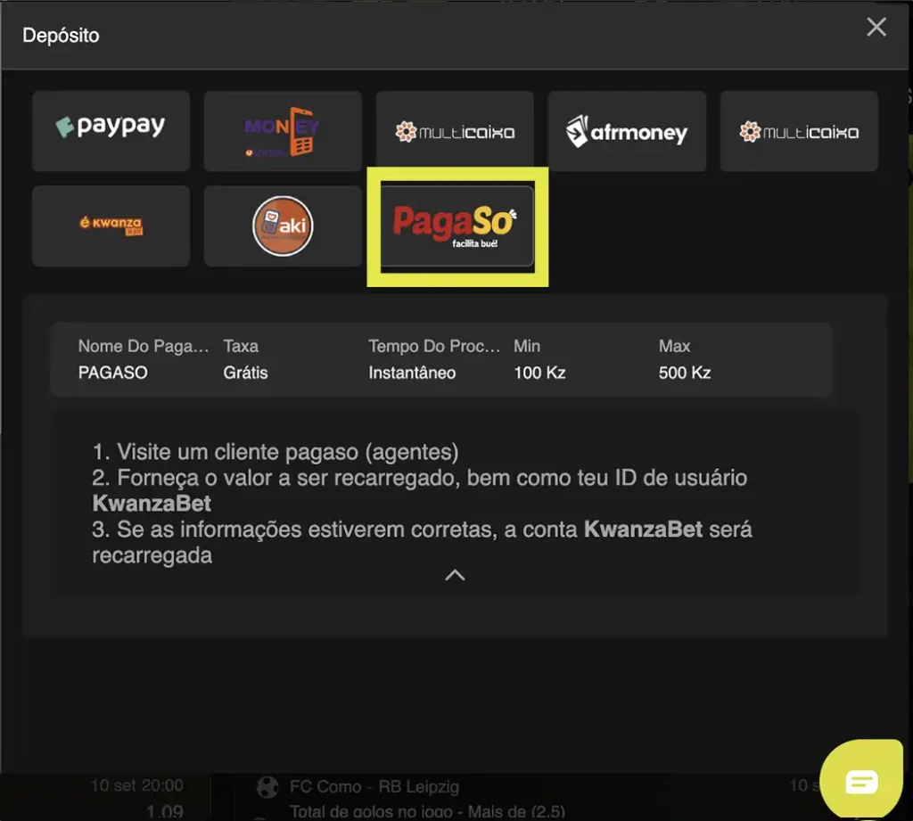 PagaSó nos métodos de depósito da KwanzaBet