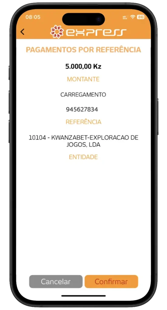Entidade Kwanzabet: 10104
A referência, é o teu número de telefone associado à conta KwanzaBet.