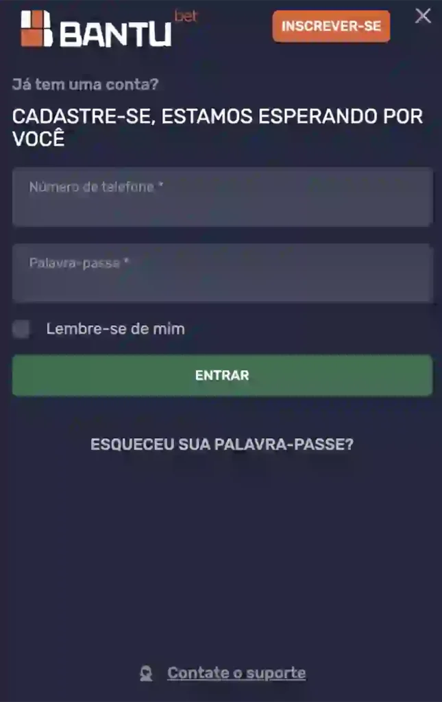 Pagina de login Bantubet