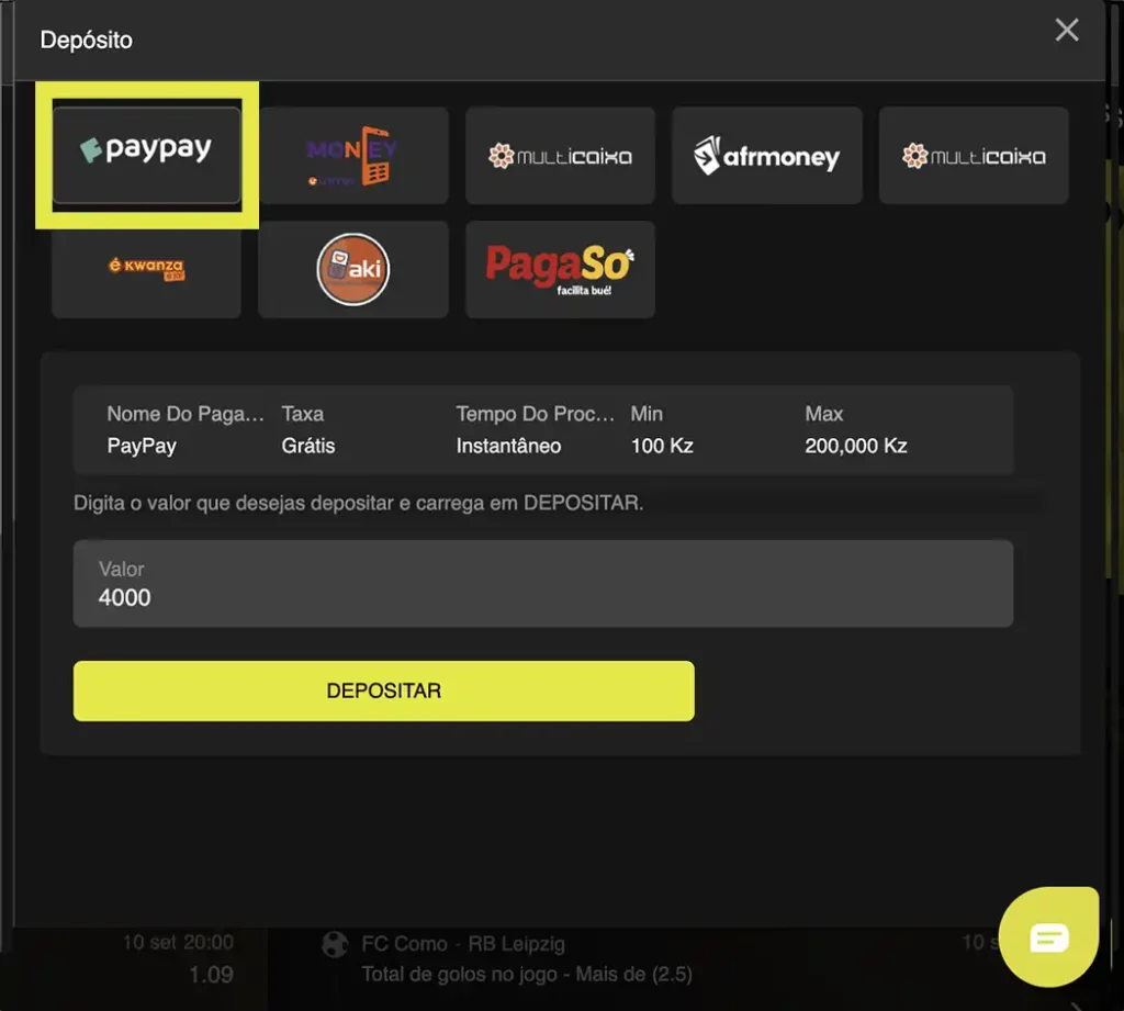 Depositar na KwanzaBet através do PayPay