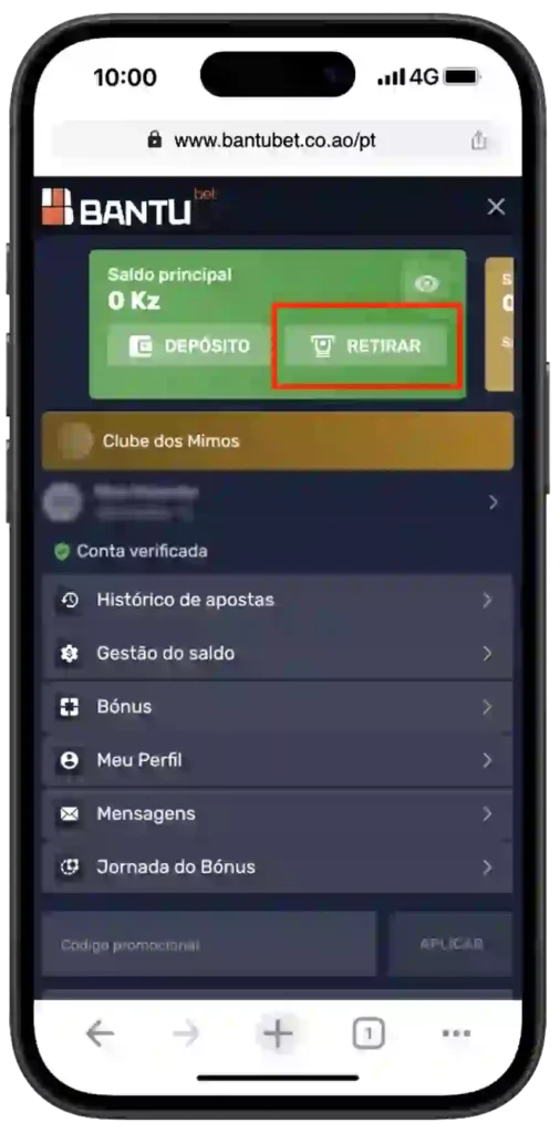 Retirar dinheiro na Bantubet