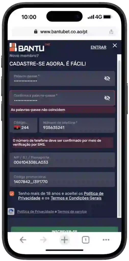 formulario de registo bantu bet