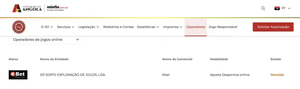 Estado da Licença Ebet no ISJ