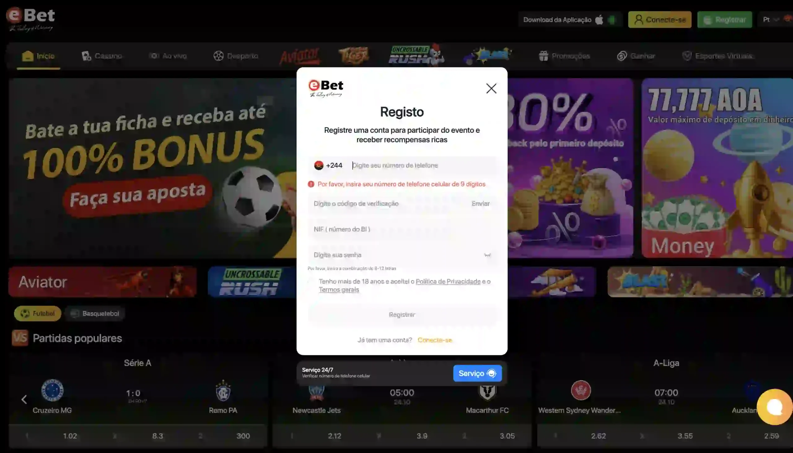 Tela geral da casa de aposta Ebet registrar